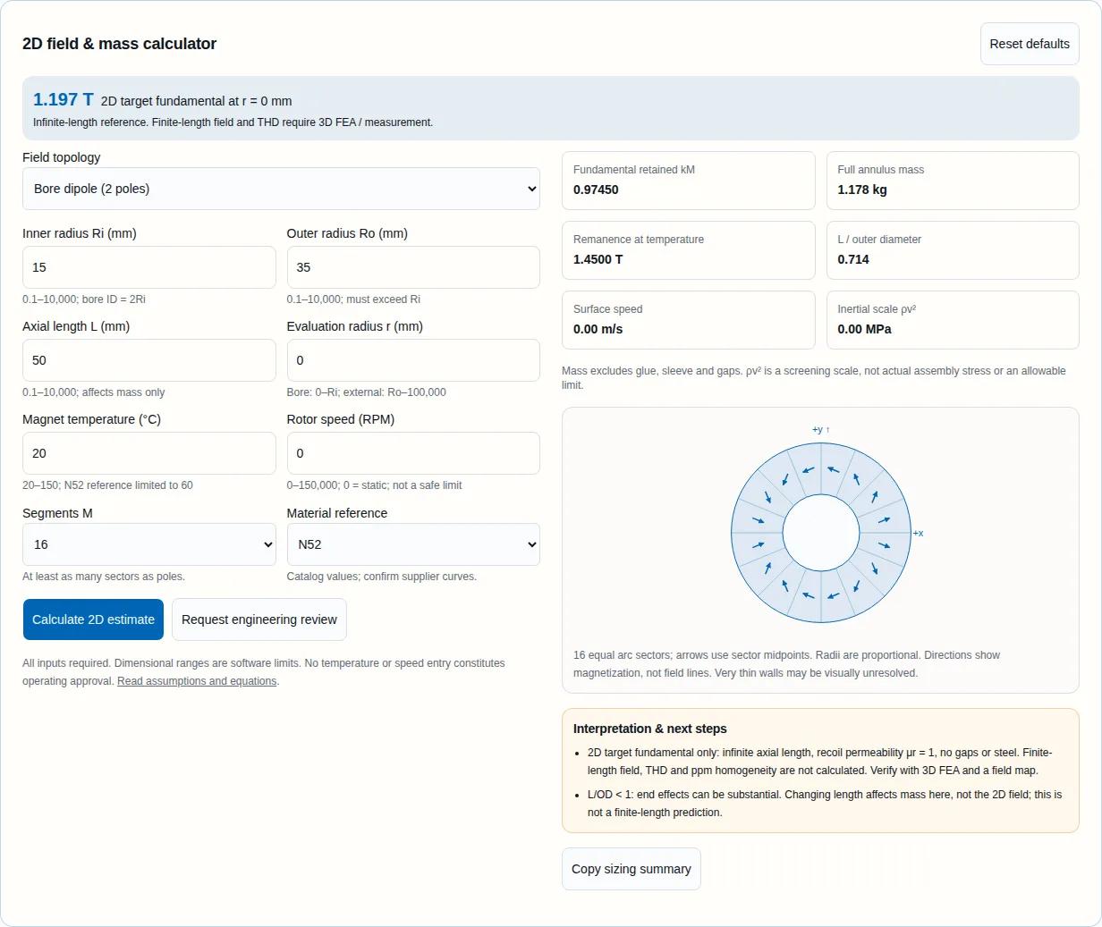 Circular Halbach array calculator default dipole: 1.197 T ideal 2D field and 1.178 kg annulus mass